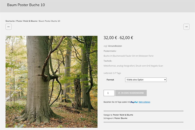 Ein Screenshot zeigt eine Produktseite von Wald-Fotografie.de