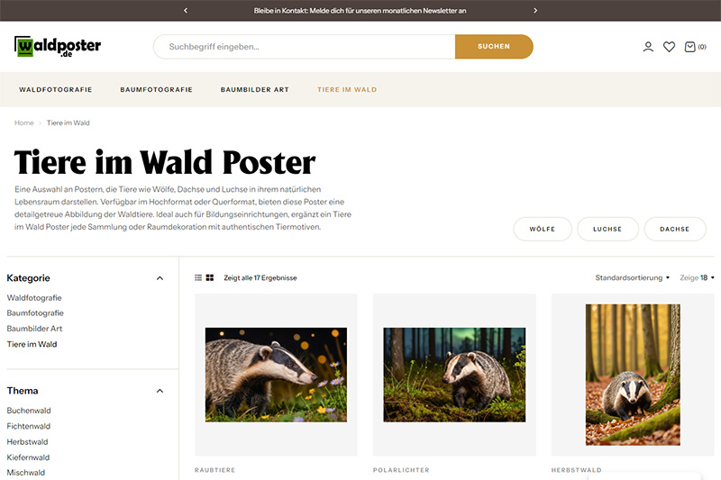 Ein Screenshot zeigt die Kategorie Tiere im Wald im Waldposter Shop